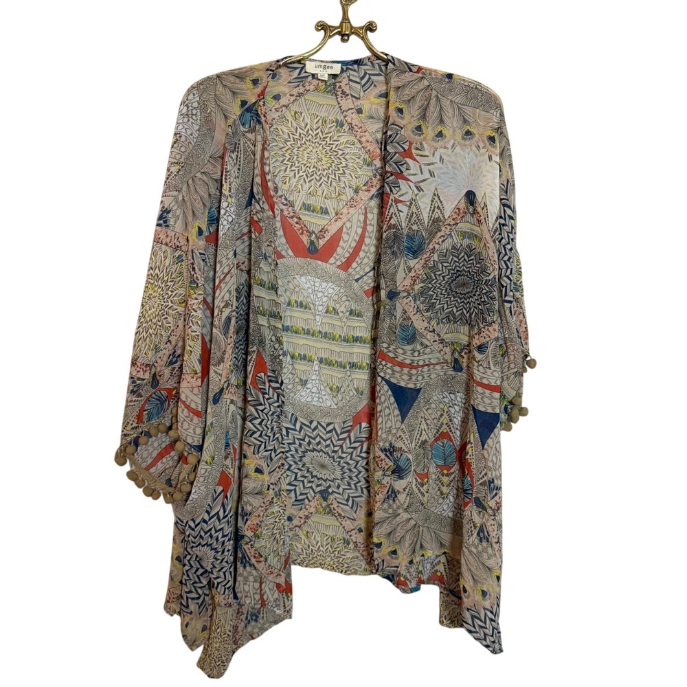 Umgee USA M‎ L Boho Kimono Duster Cardigan Colorful Feather Print Pom Poms
